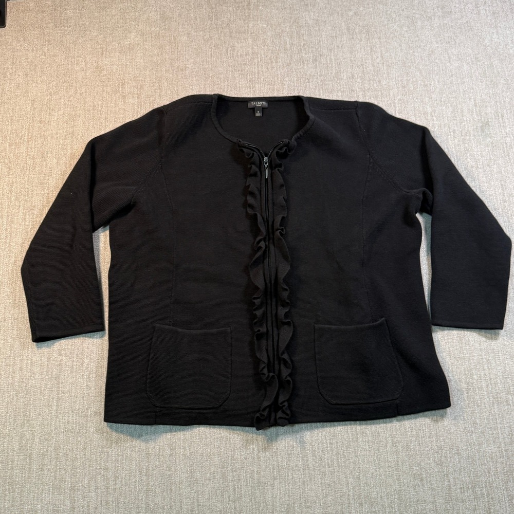 Talbots Woman Black Ruffle Zip Front Cardigan Sweater Size X Cotton Rayon Blend